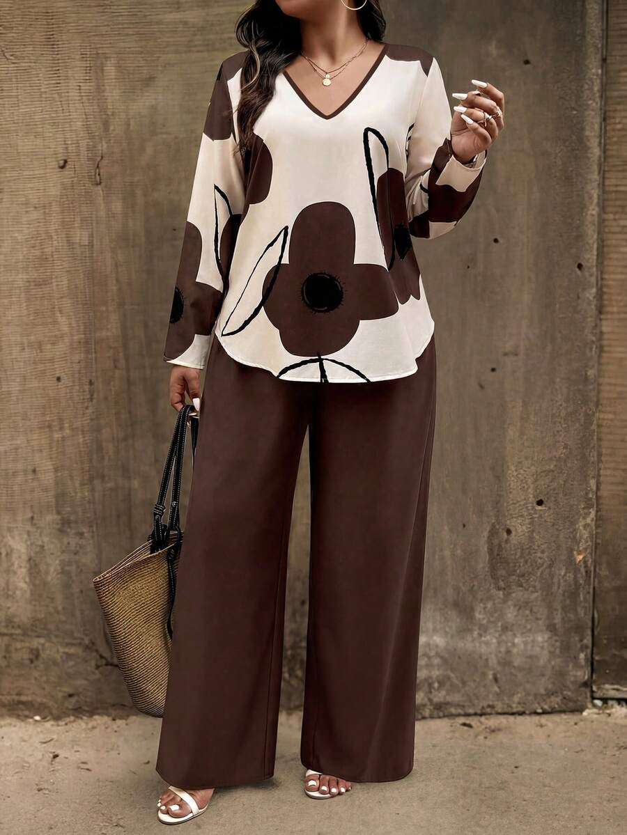 SHEIN LUNE Setelan 2 Potong Wanita Musim Gugur/Dingin Terbaru, Motif Bunga Besar, Kasual, Serbaguna, Ukuran Plus - MultiWarna - View 1