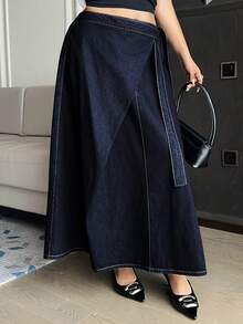 Dazy Plus Women's Plus Size Long Casual Denim Skirt With Belt Splicing Tie Design, Dark Wash Blue, Autumn New Arrival - Dark Wash - View 7