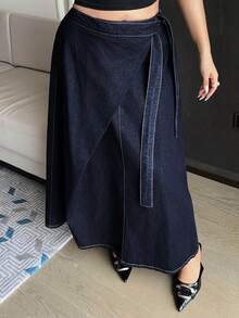 Dazy Plus Women's Plus Size Long Casual Denim Skirt With Belt Splicing Tie Design, Dark Wash Blue, Autumn New Arrival - Dark Wash - View 8