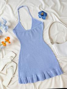 SHEIN 青少年女孩海灘度假簡約亮片海星貼飾掛脖針織秋季洋裝 - 淺藍色 - 查看 2
