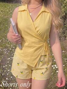 SHEIN MOD 大尺碼女款格紋檸檬印花高腰短褲，夏季休閒可愛牛仔女孩野餐海灘度假機場格紋平角褲，節慶黃色 - 黃色 - 查看 5