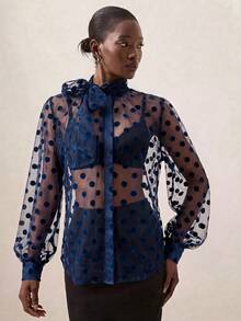 Briarwyn Women's Polka Dot Mesh Tie Neck Long Sleeve Loose Sheer Blouse - Navy Blue - View 1