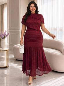 Modelyn Plus Size Women's Round Neck Solid Color Floral Lace Ruffle Hem Dress Evening Wedding Burgundy Summer Formal Elegant - Burgundy - View 4
