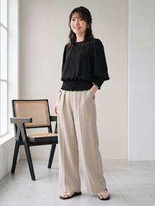 Yumoku 1件女款休閒純色前口袋七分袖上衣，基礎款秋冬日常休閒 - 黑色 - 查看 5