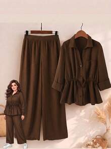 Rusticease Plus Size Women Solid Color Pleated Top And Wide Leg Pants Casual Daily 2 Pieces Set Fall - Brown - View 1
