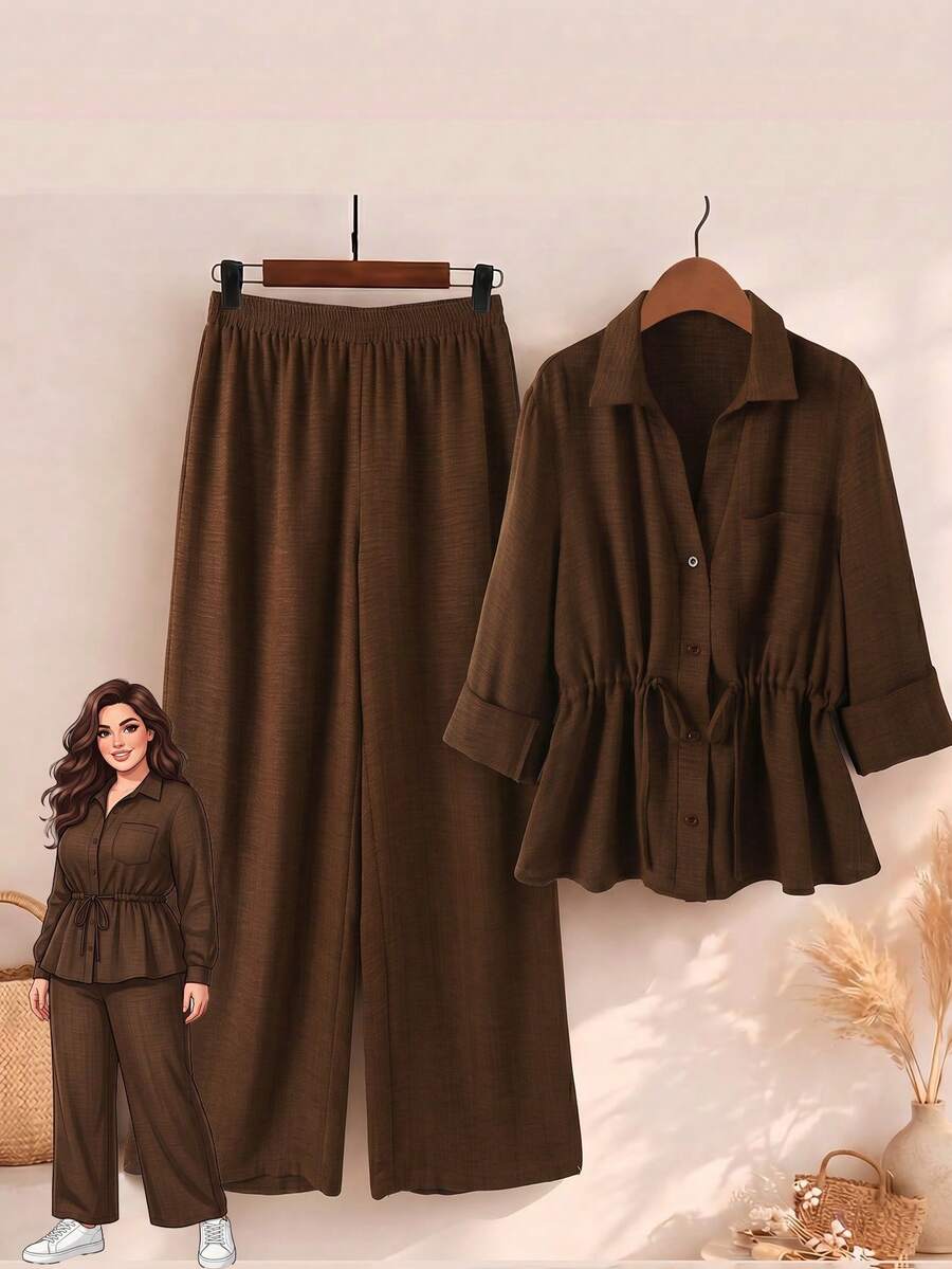 Rusticease Plus Size Women Solid Color Pleated Top And Wide Leg Pants Casual Daily 2 Pieces Set Fall - Brown - View 1
