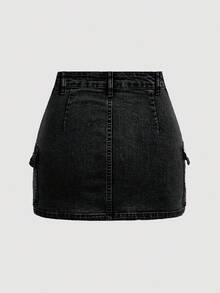 SHEIN Tall 女款休閒多口袋緊身牛仔迷你裙，夏季，高個女性適用 - 黑色 - 查看 2