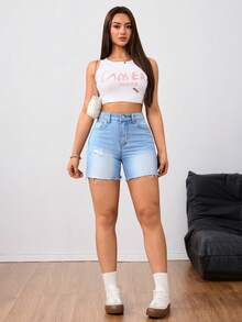 SHEIN Tall 女款鈕扣前開口口袋破洞休閒牛仔短褲，適合高個女性 - 藍色 - 查看 3
