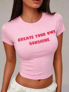 Nooralise Women's Pink Printed Short Sleeve Cropped T-Shirt, Y2K Style Everyday Summer - Pink - View 6
