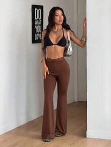 Coolane 女款秋冬優雅復古外出可愛時尚蕾絲拼接棕色喇叭褲 - 棕色 - 查看 6