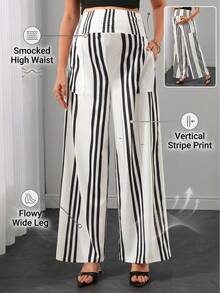SHEIN European And American Style Black And White Striped Print Repeated Pocket Elastic Waist Loose Straight Leg Maternity Pants Suitable For Daily Wear - Multicolor - View 1