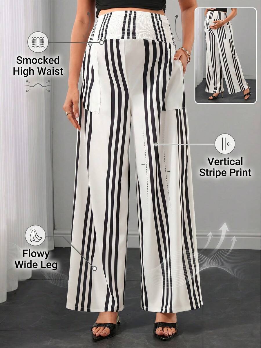 SHEIN European And American Style Black And White Striped Print Repeated Pocket Elastic Waist Loose Straight Leg Maternity Pants Suitable For Daily Wear - Multicolor - View 1