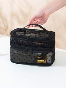 1 Leopard Print Black Mesh Double-Layer Cosmetic Bag, Portable, Double-Layer Large Capacity, Can Store Cosmetics And Makeup Tools, Suitable For Home And Out, Is The Ideal Choice For Women At Home. - Black - View 4