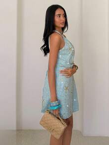 SHEIN Glamour 度假性感亮片海星露背掛脖迷你洋裝 - 藍色 - 查看 5