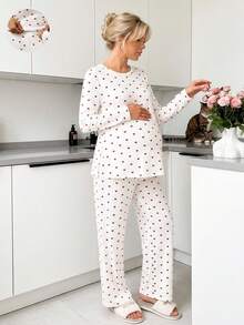 Slowluna Maternity Heart Print Side Slit Hem Long Sleeve Top And Adjustable Waist Long Pants Casual 2 Pieces Set Fall,Autumn Outfit For Women - White - View 7