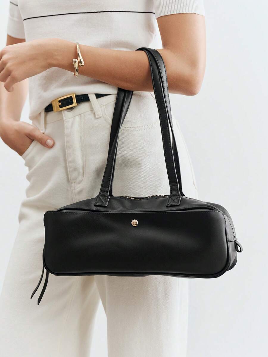 SHECARRY Women's Fashion Black Shoulder Bag, Exquisite, Simple, Lightweight And Soft Baguette Bag, For Daily, Commuting, Shopping, Travel - Black - View 1