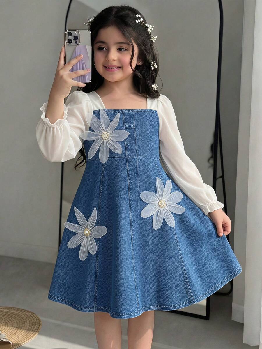 SHEIN Girls Toddler Dress With 3D Floral Accessory, Long Puff Lantern Sleeves, Color Block Digital Print Blue Autumn - Blue - View 1