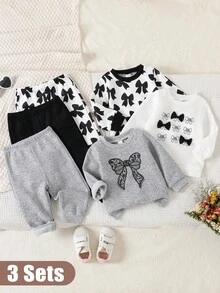 SHEIN Playful Pals 3套幼童女童運動衫長褲套裝，可愛白色、黑白、淺灰色、黑色蝴蝶結 3D 蝴蝶蕾絲長袖圓領，生日萬聖節牛仔女郎風 - 彩色 - 查看 3