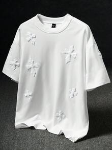 Manfinity EMRG 男士大碼街頭風熱門 INS 風格十字全印花刺繡毛巾 T 恤，日常穿搭，男友/丈夫禮物，週年紀念禮物，白色 - 白色 - View 1