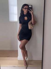 Lumalex Black Ruched Mini Dress With Lace Mock Neck Keyhole Front Short Sleeves Asymmetric Lace Trim Hem And Back Keyhole Luxury Elegant Dresses For Women - Black - View 5
