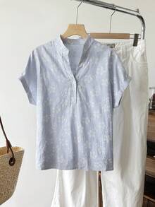 Tseoso 女款條紋花卉刺繡圖案休閒百搭日常穿著襯衫 - 藍白色 - 查看 7