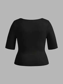 SHEIN BASICS 3件裝休閒純色針織方領短袖修身大尺碼T恤 - 彩色 - 查看 9