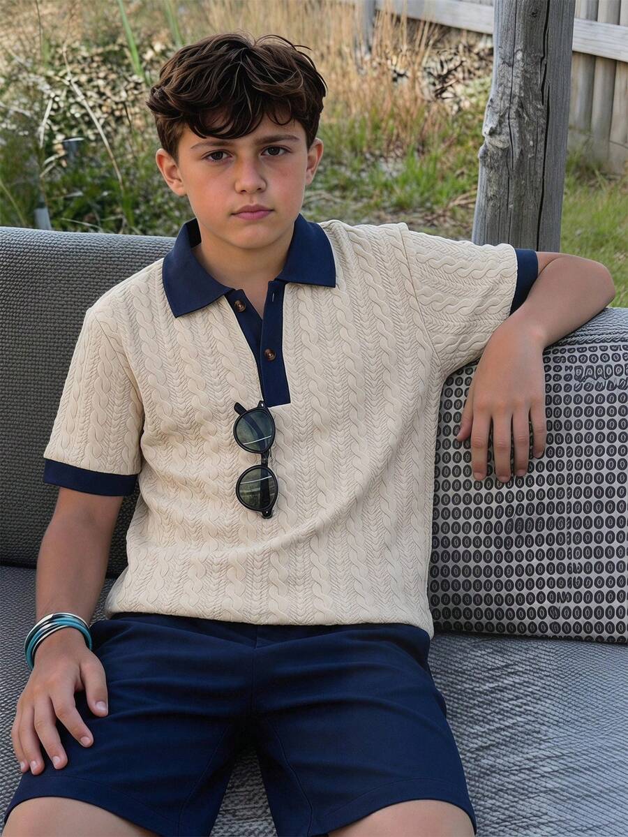 2pcs Men's Teen Casual Minimalist Textured Khaki Polo Shirt & Shorts Set, Loose Fit, Comfortable, Suitable For Spring, Summer, Autumn, Daily Wear, Commuting, Outdoor Play, Sports, School, Streetwear, Parties And Photos