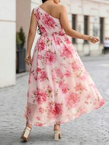Velvienne Fashionable Elegant Light Pink Women's One-Shoulder Waist-Cinching A-Line Chiffon Printed Maxi Dress Plus Size - Pink - View 2
