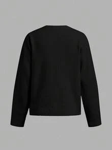 SHEIN BASICS 休閒極簡風開襟針織衫，適合秋冬，復古優雅通勤百搭保暖，胸前馬標 3D 刺繡圖案，沙灘穿搭、度假穿著、女款夏季穿著、外出穿搭 - 黑色 - 查看 2