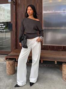 SHEIN BAE BAE Sweater Abu-abu Gelap Tanpa Bahu, Atasan Rajut Kasual Lengan Panjang untuk Kerja Musim Gugur, Sweater Abu-abu Gelap Tanpa Bahu, Kasual - Dark Grey - View 6