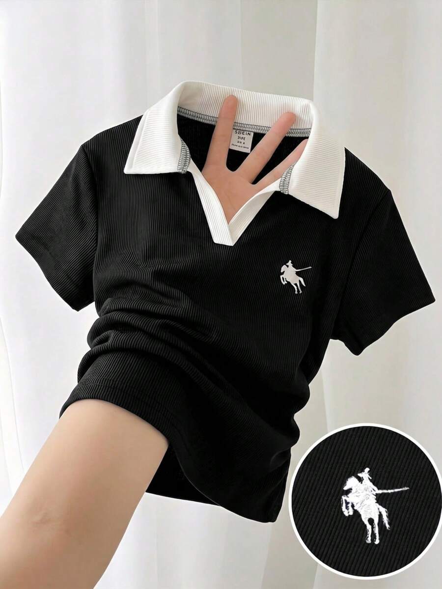 SHEIN 女童皇家藍與白色領針織休閒拼色拼接修身收腰T恤,附小Logo刺繡 - 黑色 - 查看 1