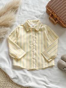 SHEIN Vintaside Kids 女童春夏黃色條紋領長袖襯衫，簡約俏皮，時尚百搭，適合日常穿著、外出或上學 - 黃色 - 查看 3