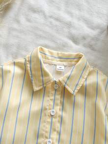 SHEIN Vintaside Kids 女童春夏黃色條紋領長袖襯衫，簡約俏皮，時尚百搭，適合日常穿著、外出或上學 - 黃色 - 查看 7