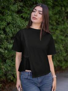 Andrea Bello 女款夏季純色圓領短袖寬鬆休閒T恤，荷葉邊下擺，黑色 - 黑色 - 查看 4