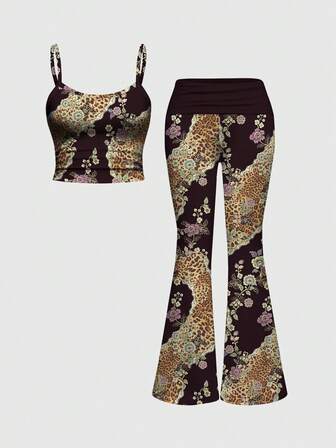 Kawaii Cute Minimalist Sexy Floral Beige Pink Tank Top With Ruched Low Waist Flare Pants Women 2 Pieces Set