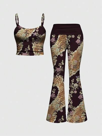 Kawaii Set da 2 pezzi da donna con canotta sexy minimalista carina con fiori beige e rosa e pantaloni a zampa con vita bassa arricciata