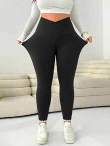 SHEIN CURVE+ 大尺碼純色高腰休閒日常穿著緊身褲 職場健身適用 2026年秋季 22W - 黑色 - 查看 4
