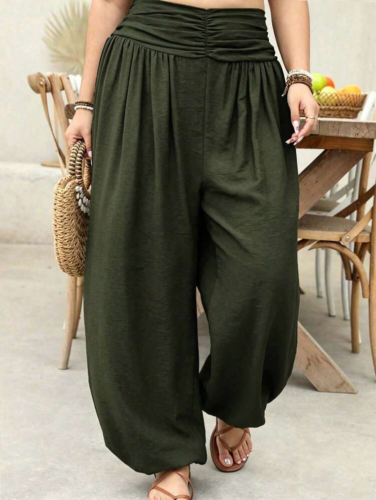 SHEIN LUNE Plus Size Women's Solid Color Ruched Waist Casual Lantern Pants Fall - Army Green - View 1