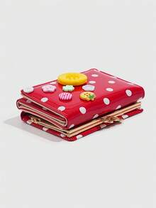 ROMWE Kawaii 1個可愛多巴胺時尚短夾，波點與鈕扣裝飾，女士小巧短錢包，開學禮物，便攜日常卡片收納夾 - 紅色 - 查看 6