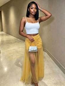 VaVaBold Women's Solid Color Ruched High Waist Mesh Skirt For Vacation Beach Pastel Yellow Summer Sexy - Yellow - View 6