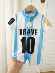 SHEIN Mameluco corto de manga corta con cuello alto pequeño, tejido suave con patrón de letras para bebé niño y niña - Multicolor - Ver 3