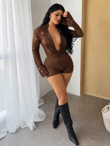 Dayanna Comas 女士时尚性感深V领蕾丝连体裤 - 咖啡棕 - 查看 4