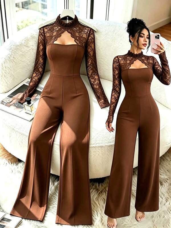 Elenzga جمبسوت نسائي بني قهوة من الدانتيل مع تفاصيل مفرغة وتصميم مرقع، بأكمام طويلة وخصر مشدود وقصة ضيقة وساق مستقيمة، أنيق بأسلوب أوروبي وأمريكي للتنقل اليومي، مناسب للربيع والخريف