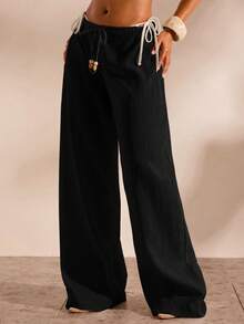 Opulessa Women's Solid Color Waist Tie Cover-Up Pants For Vacation - 黑色 - 查看 6