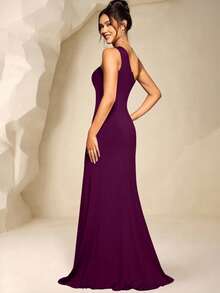 Coutiva Elegant One-Shoulder Ruched Bust Slit Mermaid Evening Dress - Red Violet - View 2