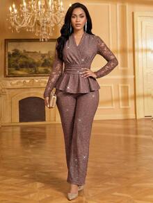 SHEIN Lady Women's Brown Glitter Metallic Lace Sheer Long Sleeve V Neck Peplum Top Wide Leg Pants Elegant Matching 2 Pieces Set Sparkly Party Evening Cocktail - Brown - View 5