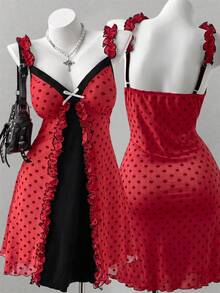 Sunspun Plus Size Fashion Minimalist Sexy Style Ruffle Lace Polka Dot Bowknot Dress - Red - View 1