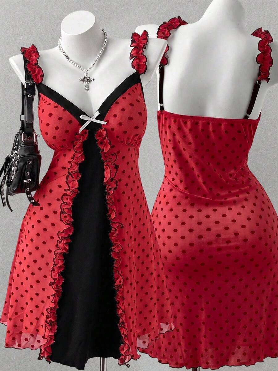 Sunspun Plus Size Fashion Minimalist Sexy Style Ruffle Lace Polka Dot Bowknot Dress - Red - View 1