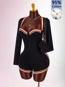 Amplova Underwire Cup Detail Fitted Long Sleeve Square Neck Flat Knit Colorful Mini Jumpsuit - Black - View 7