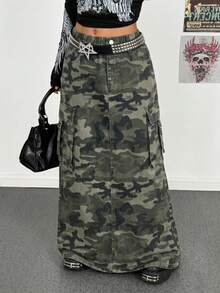 SHEIN Teen Girl Flap Pocket Design Camouflage Workwear Denim Skirt For Rave Festival - Army Green - View 5